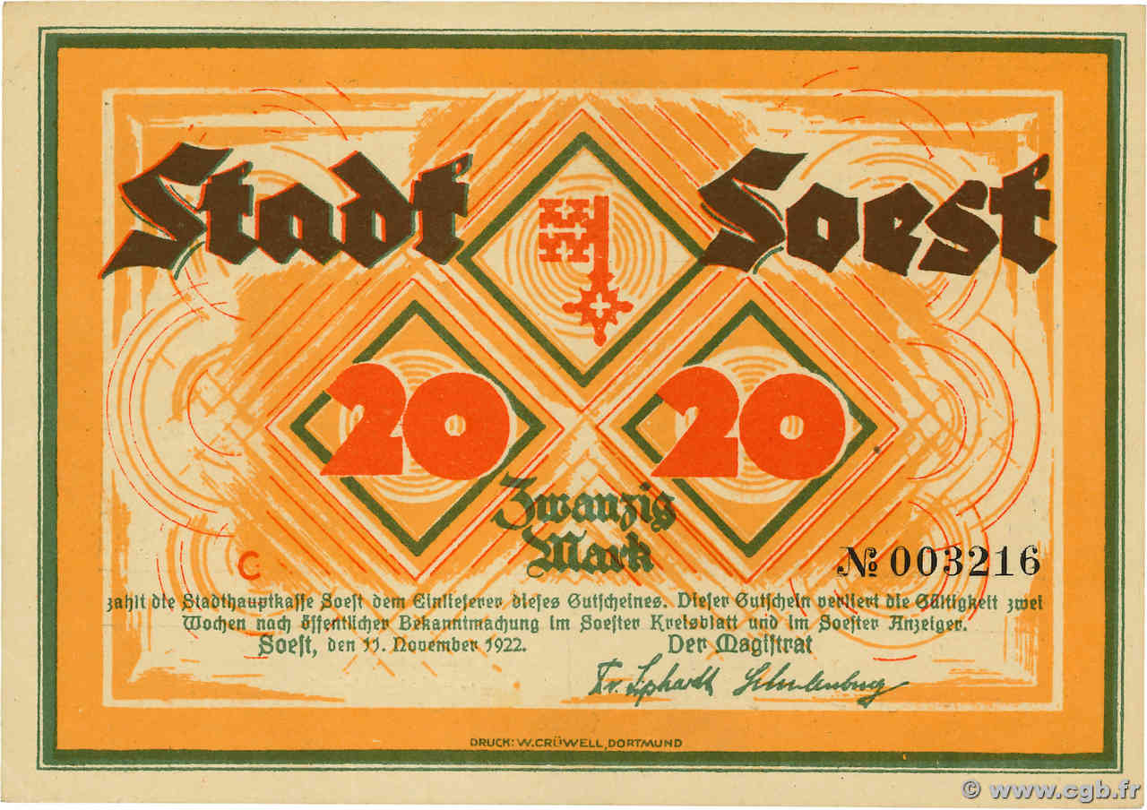 20 Mark GERMANY Soest 1922 P.- XF+