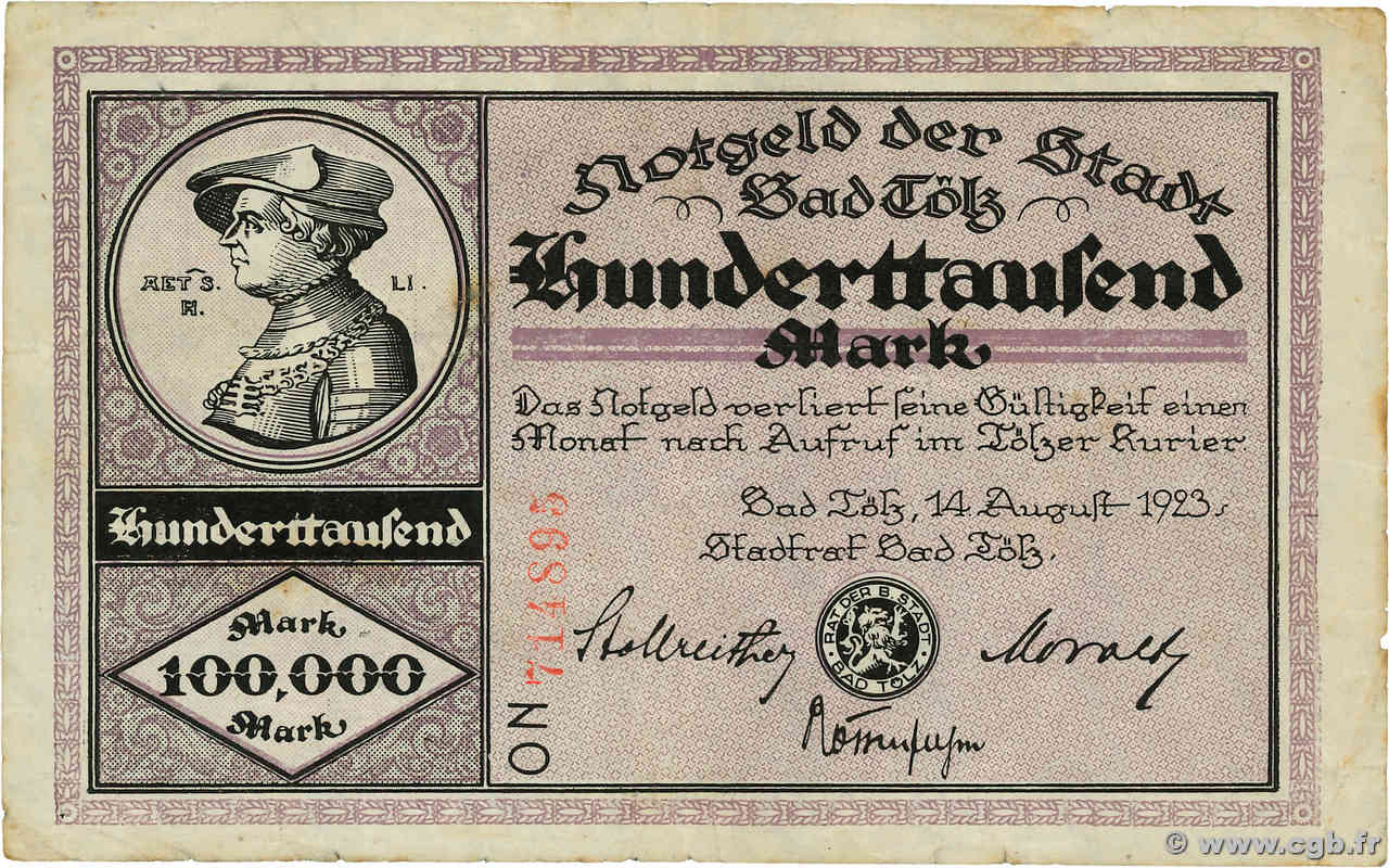 100 000 Mark DEUTSCHLAND Bad Tölz
 1923 P.- S