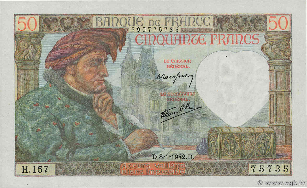 50 Francs JACQUES CŒUR FRANCIA  1942 F.19.18 FDC