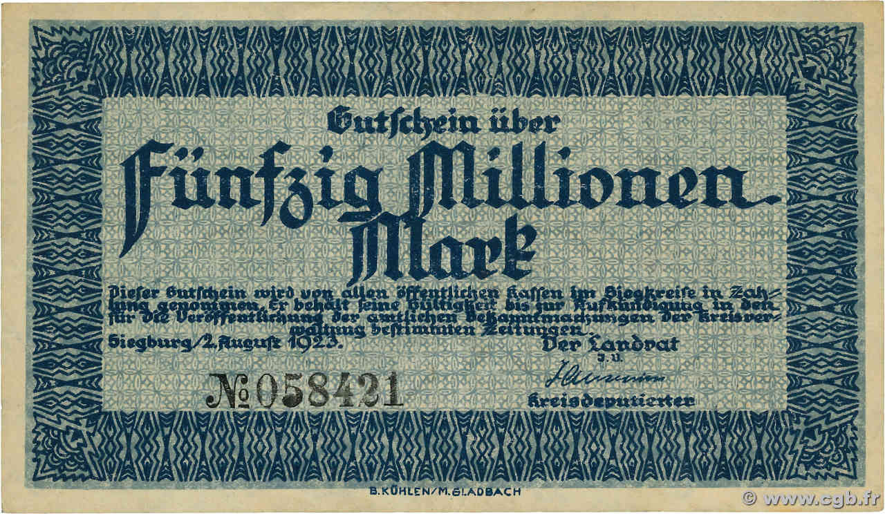 50 Millions Mark DEUTSCHLAND Siegburg 1923 P.- VZ