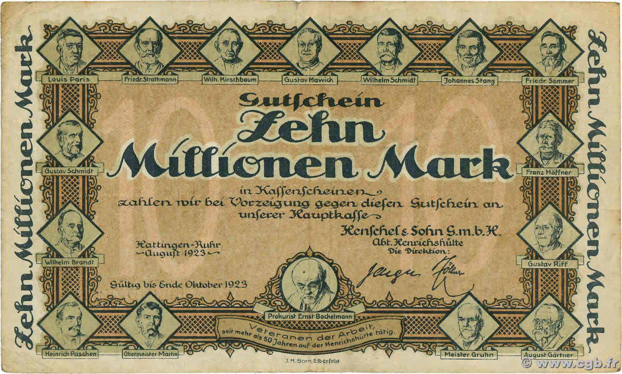 10 Millions Mark GERMANIA Hattingen 1923 P.- BB