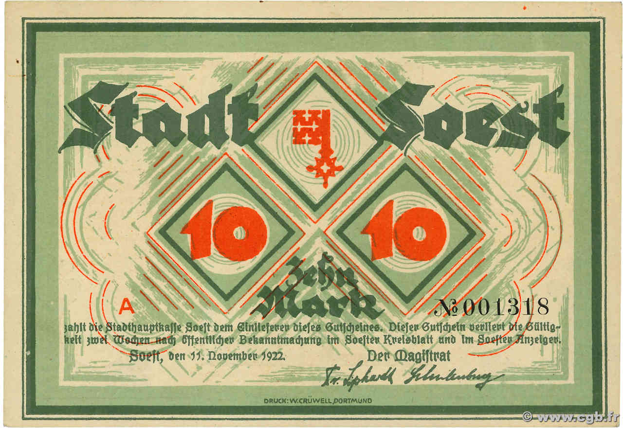 10 Mark GERMANY Soest 1922 P.- UNC-