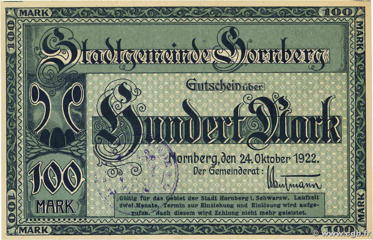 100 Mark GERMANY Hornberg 1922 P.- XF+