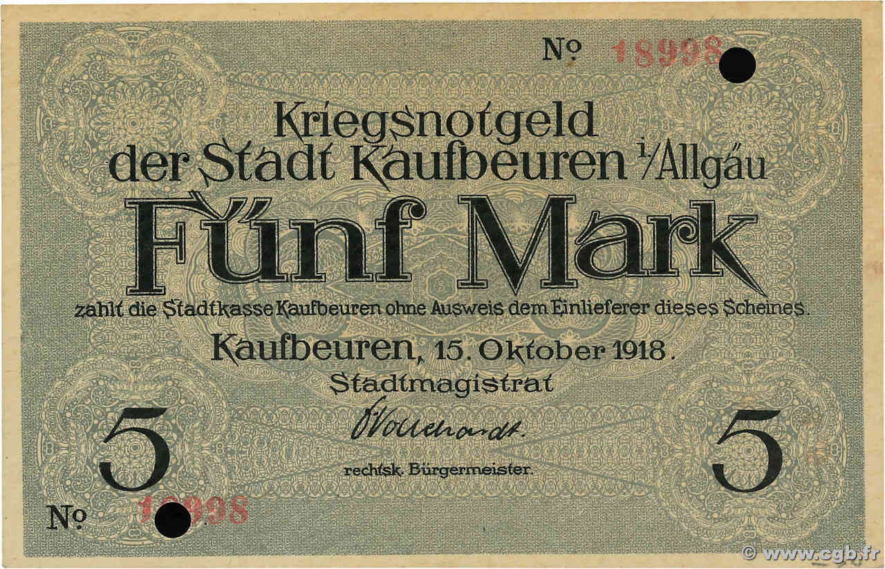 5 Mark Annulé GERMANY Kaufbeuren  1918 P.- XF+