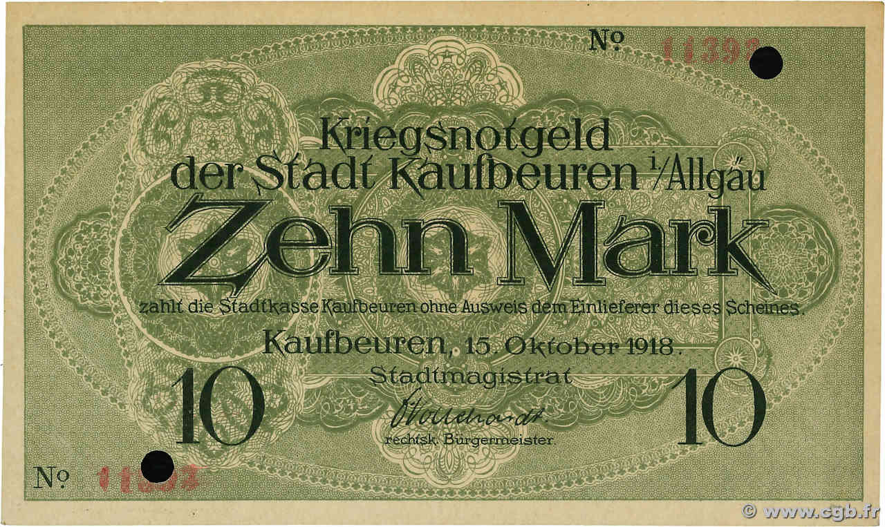 10 Mark Annulé ALLEMAGNE Kaufbeuren  1918 P.- pr.SPL