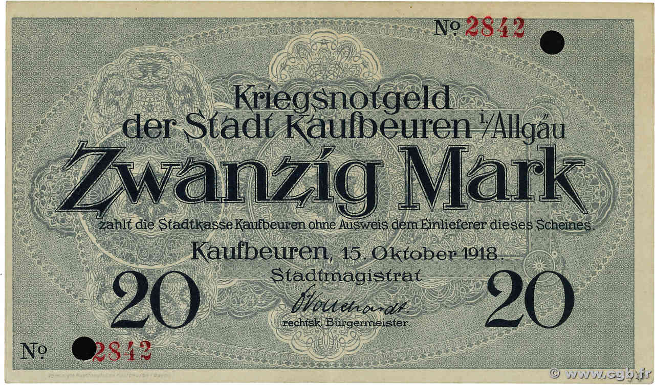 20 Mark Annulé GERMANIA Kaufbeuren  1918 P.- SPL+