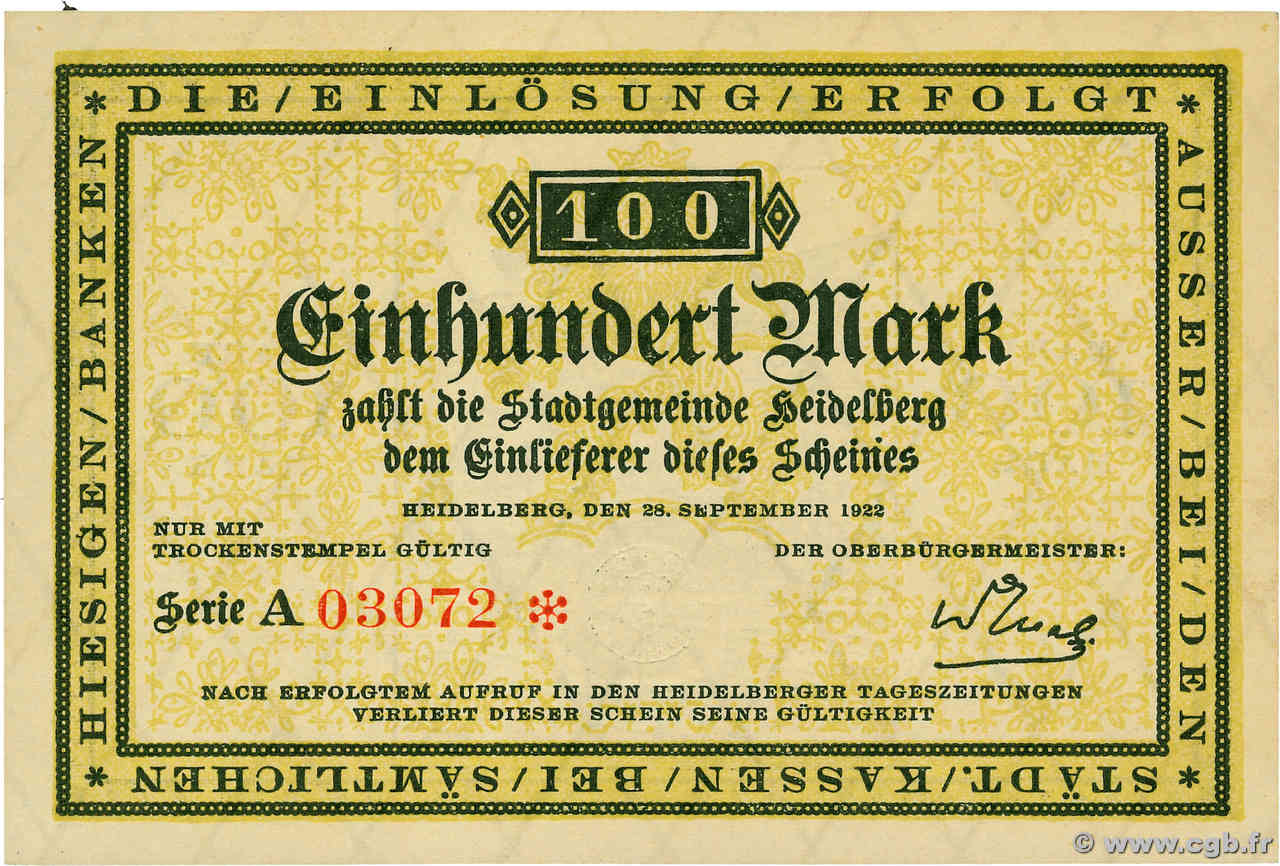 100 Mark GERMANY Heidelberg 1922 P.- AU+