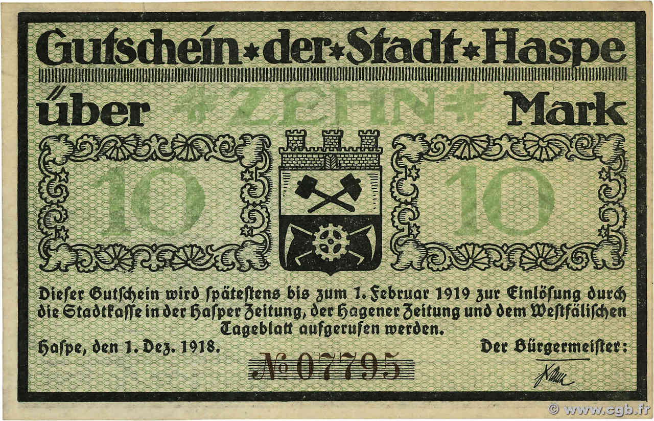 10 Mark ALLEMAGNE Haspe 1918 P.- pr.SPL