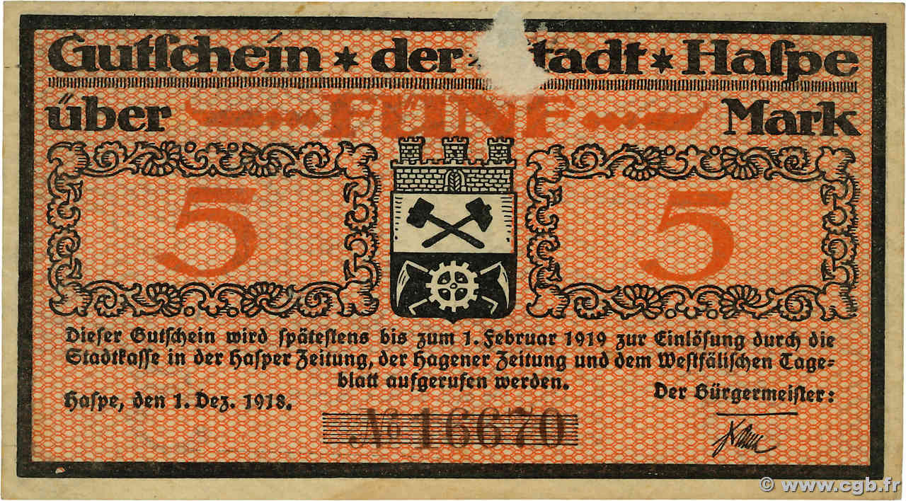 5 Mark ALLEMAGNE Haspe 1918 P.- SUP