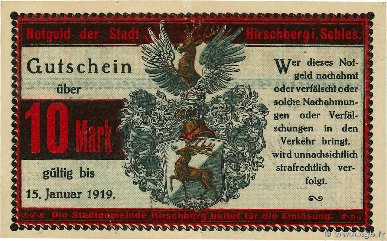 10 Mark ALEMANIA Hirschberg  1919 P.- SC+