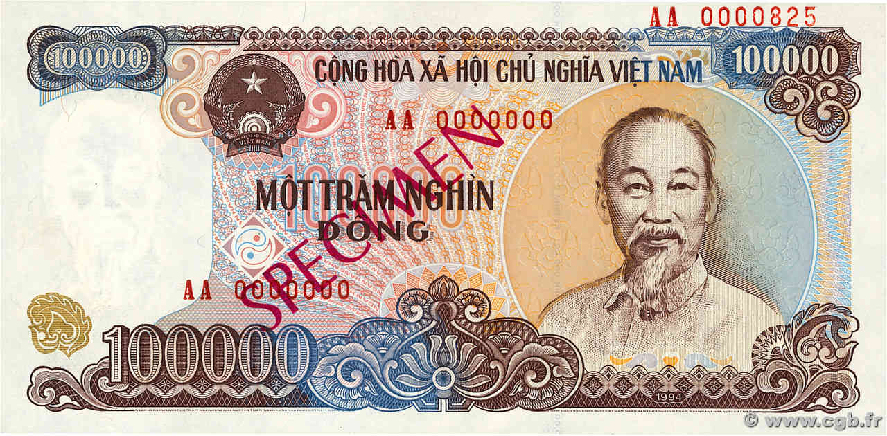 100000 Dong Spécimen VIETNAM  1994 P.117s FDC