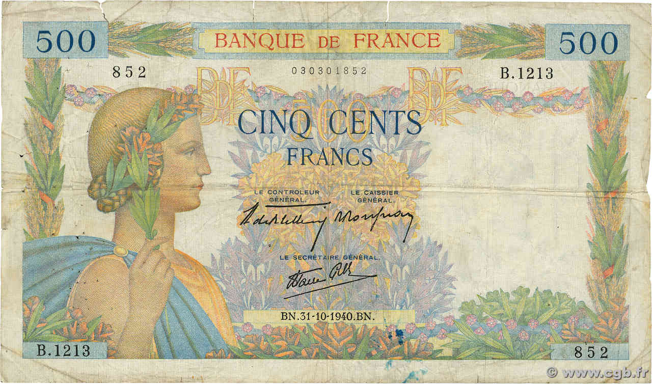 500 Francs LA PAIX FRANCE  1940 F.32.08 F-