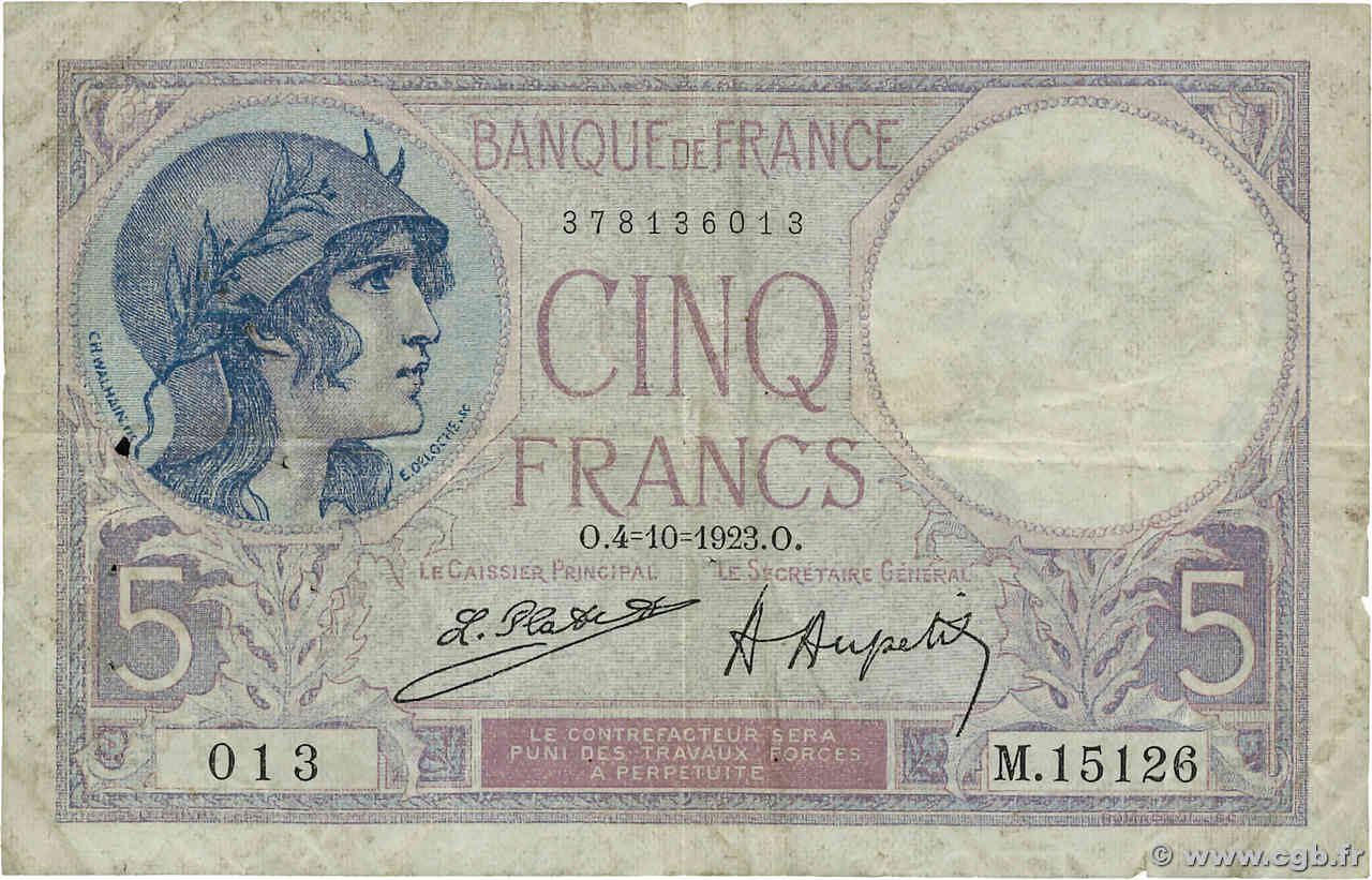 5 Francs FEMME CASQUÉE FRANCIA  1923 F.03.07 MB