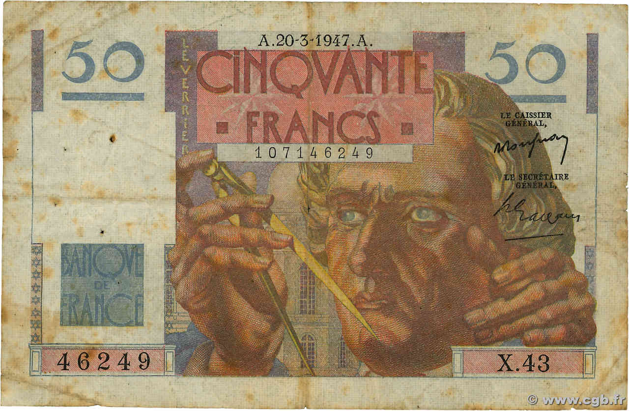 50 Francs LE VERRIER FRANCIA  1947 F.20.07 MB