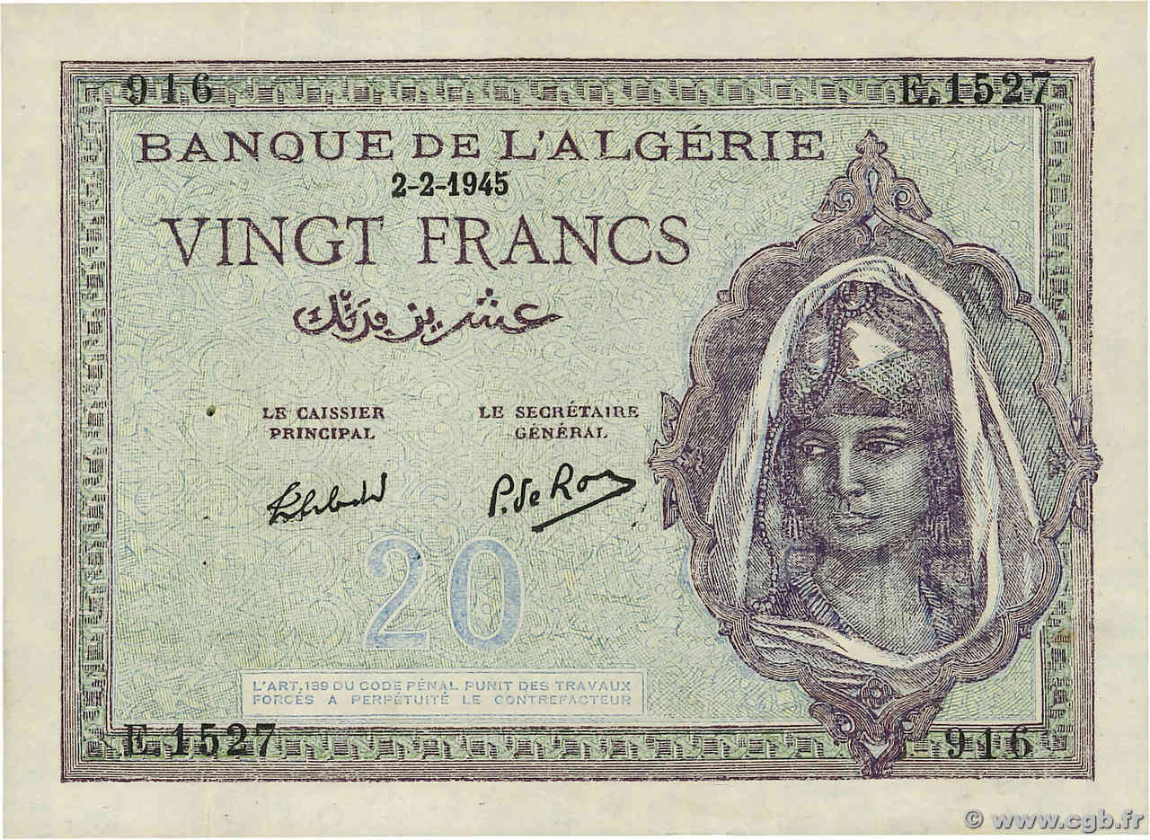 20 Francs ALGÉRIE  1945 P.092b TTB+