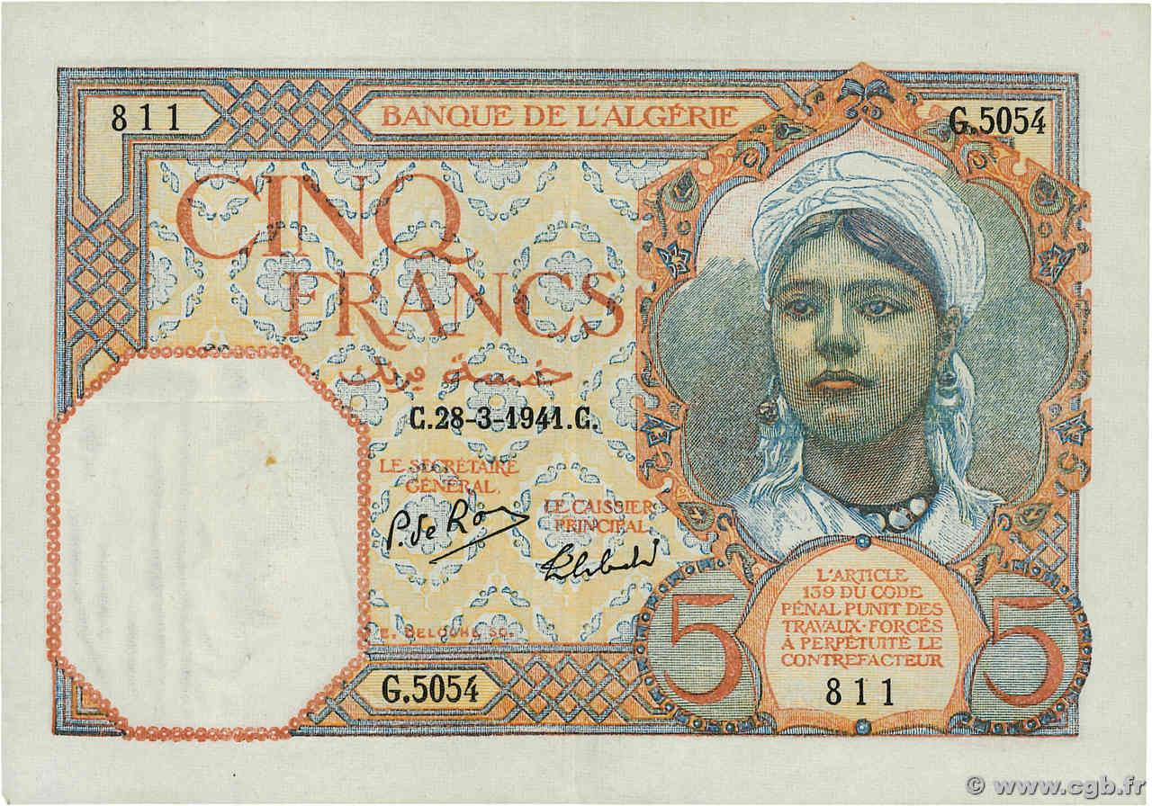 5 Francs ALGÉRIE  1941 P.077b TTB+