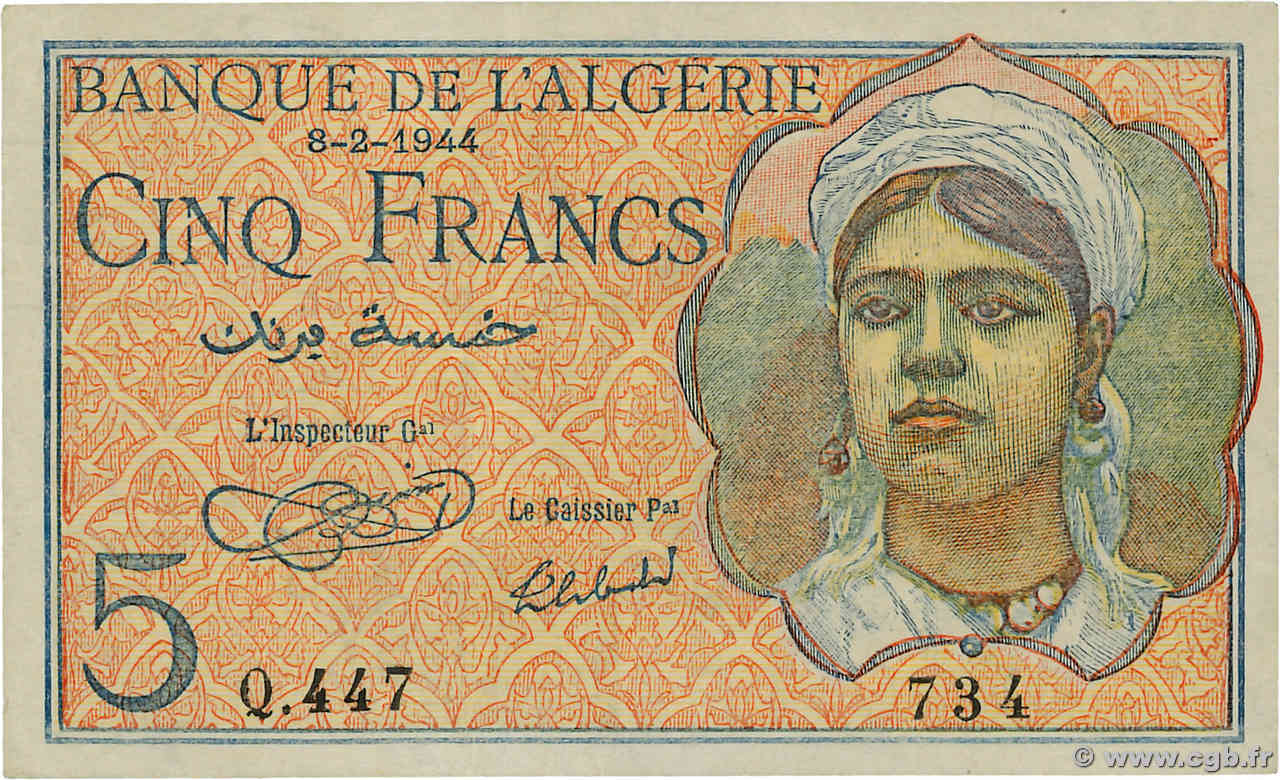 5 Francs ALGERIA  1944 P.094a q.SPL