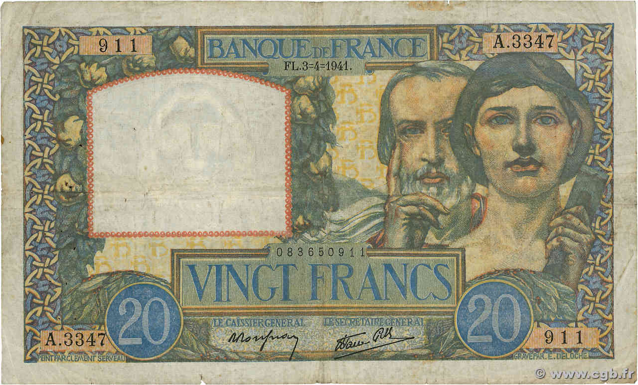 20 Francs TRAVAIL ET SCIENCE FRANCE  1941 F.12.13 F