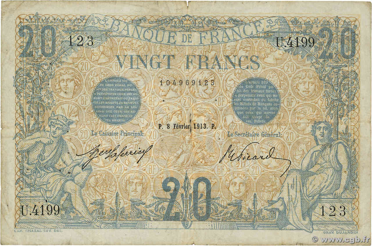 20 Francs BLEU FRANCE  1913 F.10.03 VG