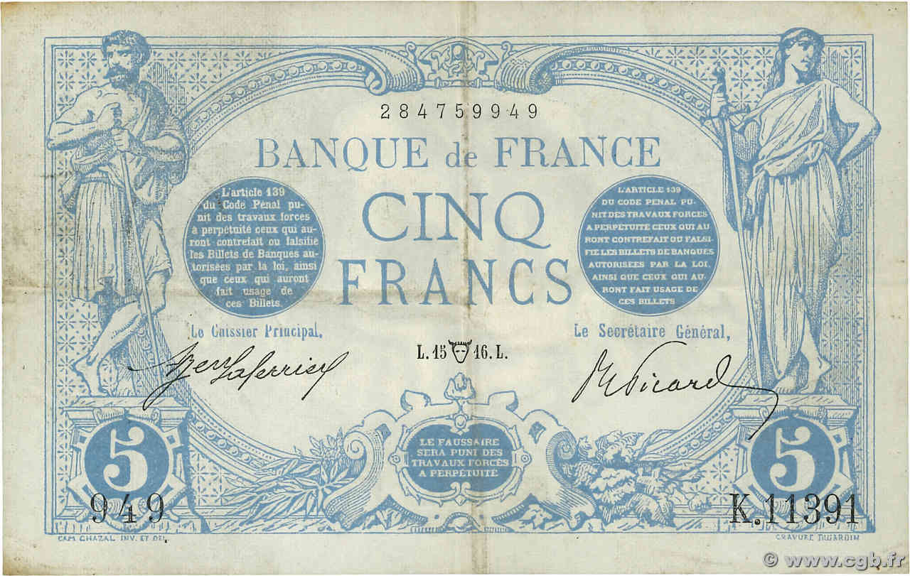 5 Francs BLEU FRANKREICH  1916 F.02.38 fVZ