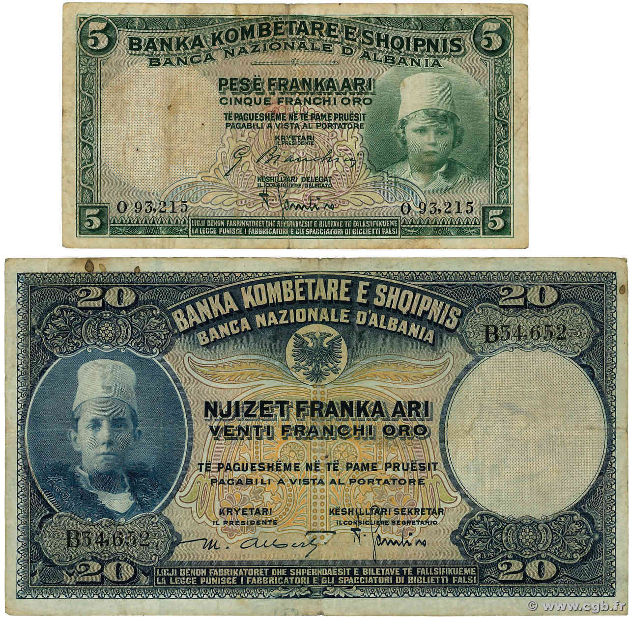 5 et 20 Franka Ari Lot ALBANIE  1926 P.02b et P.03 TB