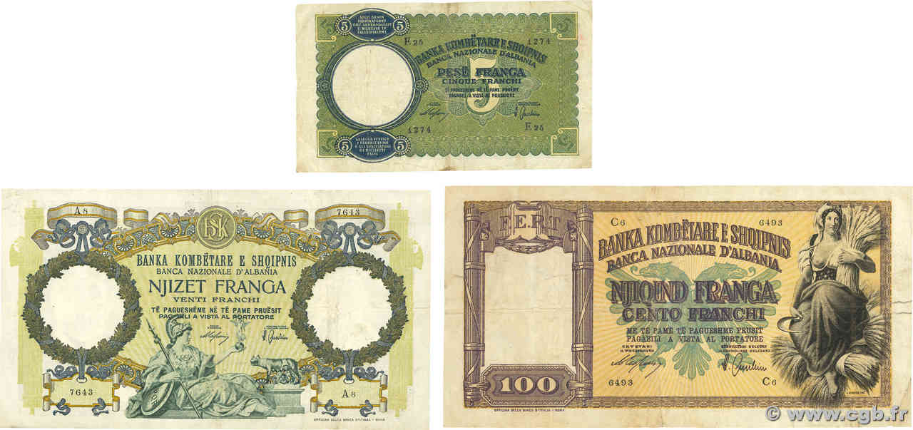 5, 20 et 100 Franga Lot ALBANIEN  1939 P.06a, P.07a et P.08a SGE to S