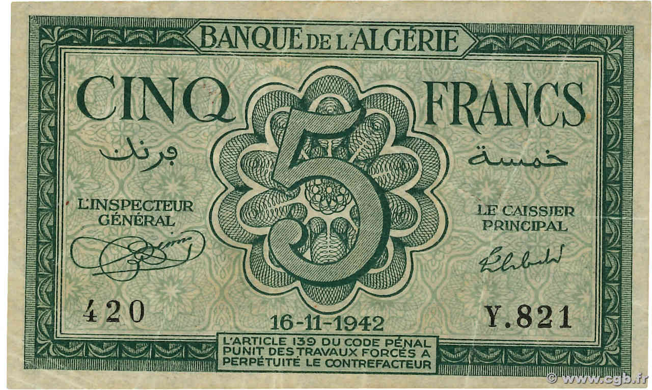 5 Francs ALGÉRIE  1942 P.091 TTB+