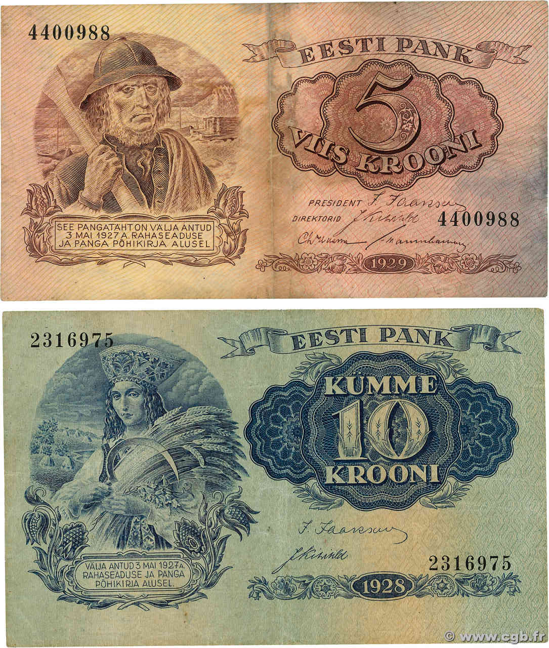 5 et 10 Krooni Lot ESTONIA  1929 P.62a et P.63a F