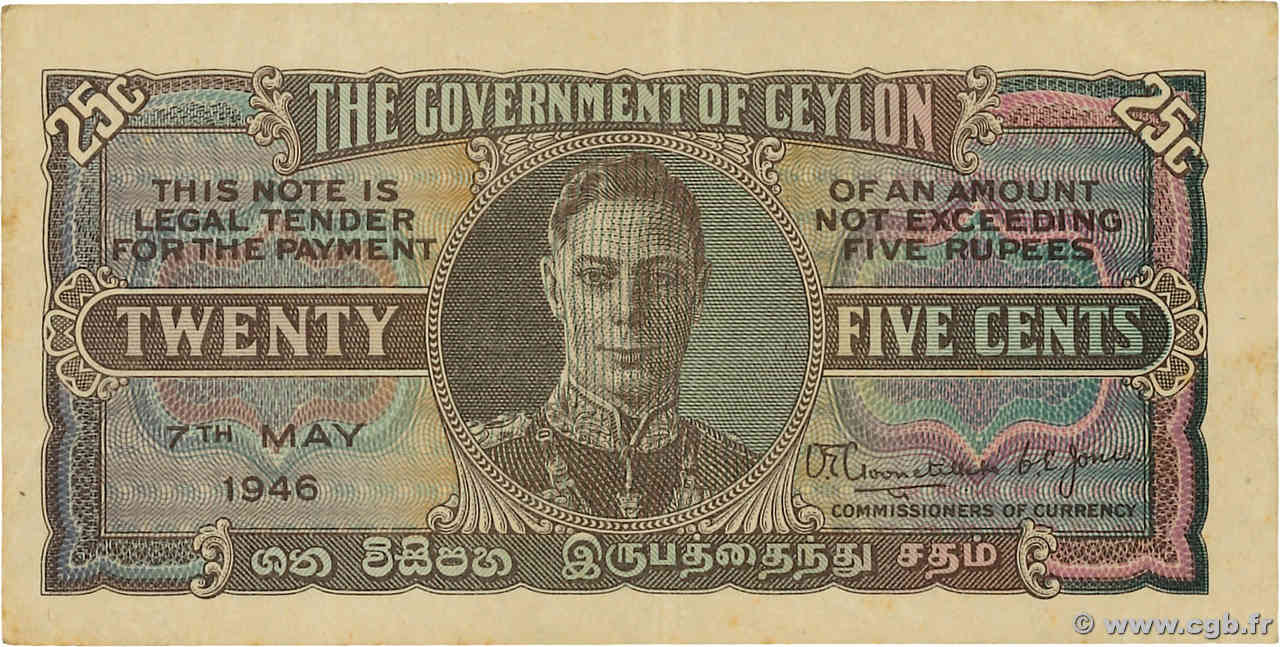 25 Cents CEYLON  1946 P.044b fVZ