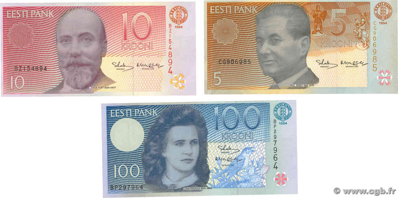 5, 10 et 100 Krooni Lot ESTONIA  1994 P.76a, P.77a et P.79a UNC