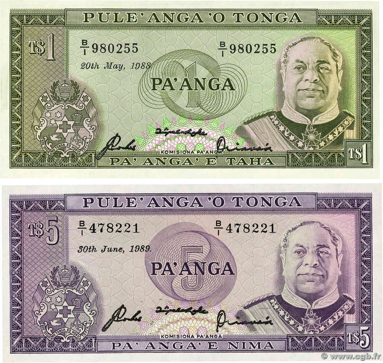 1 et 5 Pa anga Lot TONGA  1988 P.19c et P.21c NEUF