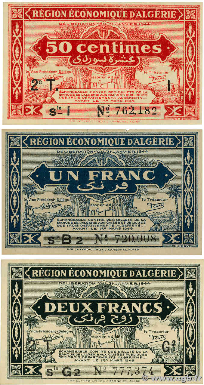 50 Centimes et 1, 2 Francs Lot ALGÉRIE  1944 P.098a, P.100 et  P.102 SUP+