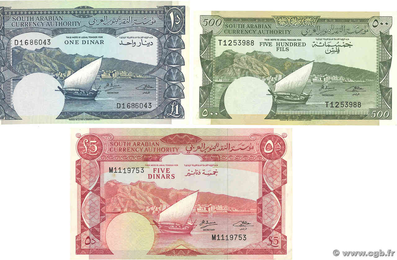 500 Fils, 1 et 5 Dinars Lot YEMEN DEMOCRATIC REPUBLIC  1965 P.02b, P.03b et P. 04b MBC