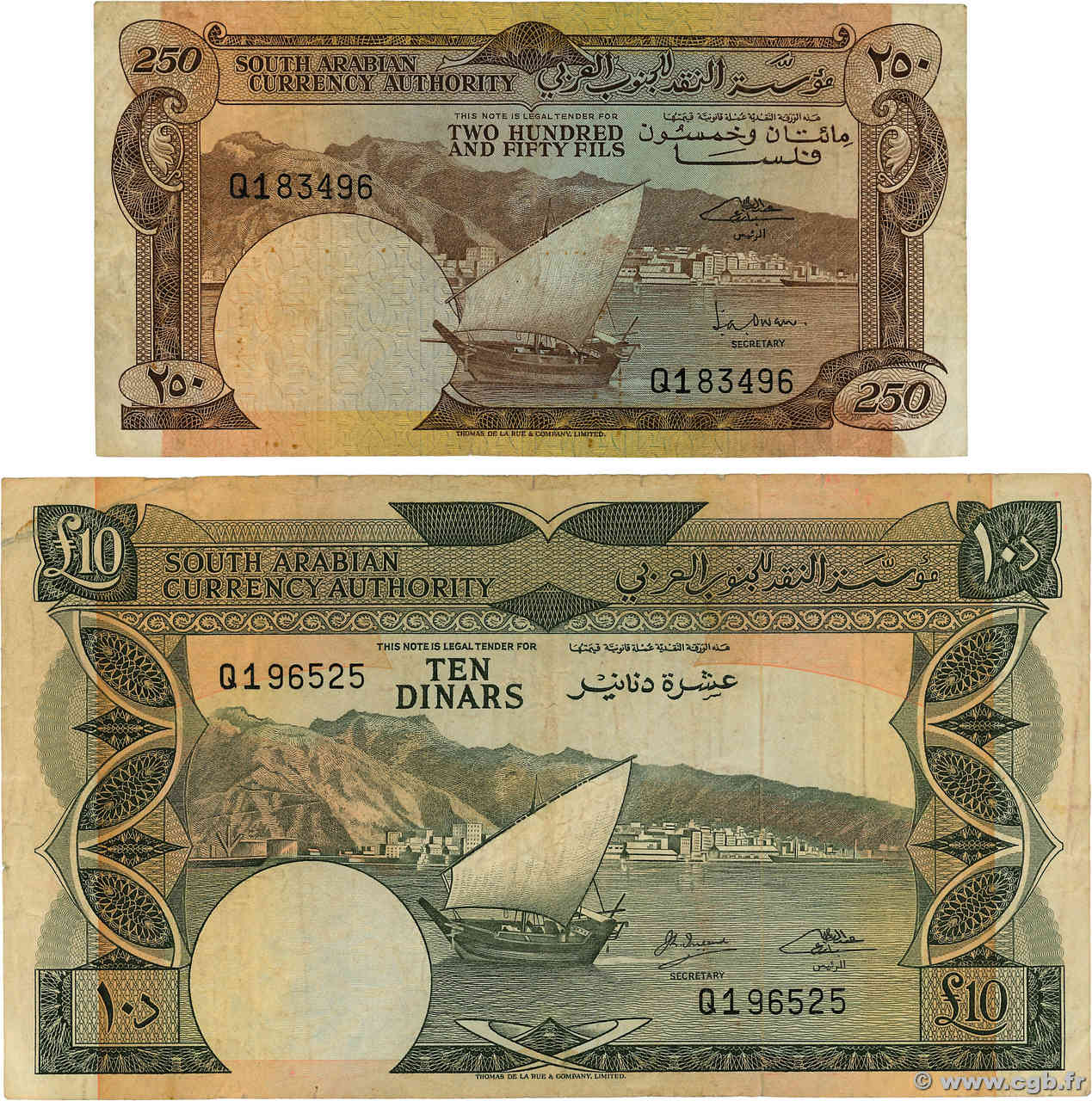 250 fils et 10 Dinars Lot YEMEN DEMOCRATIC REPUBLIC  1965 P.01a et P.05 MB