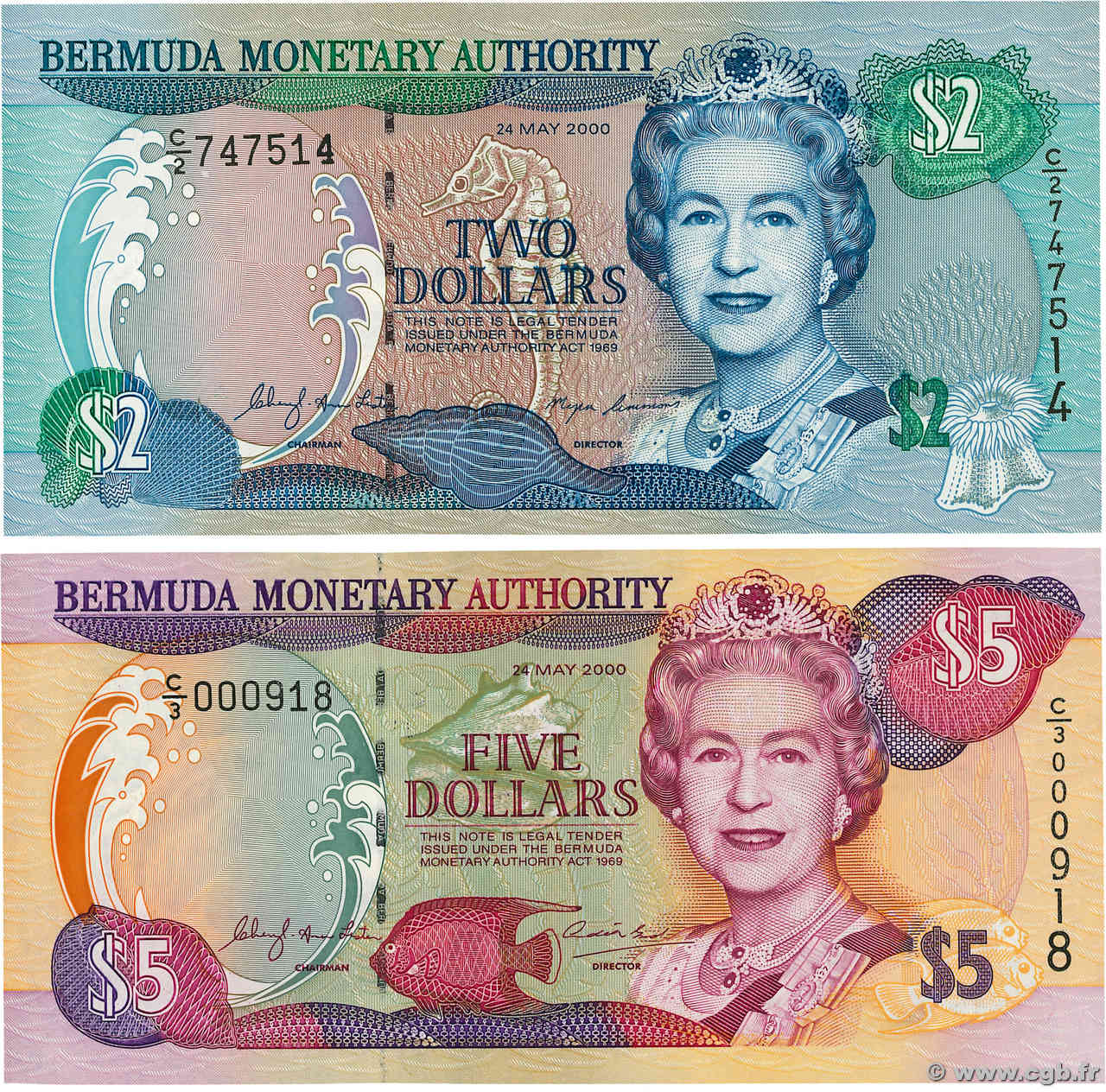 2 et 5 Dollars Lot BERMUDAS  2000 P.50a et P.51a fST