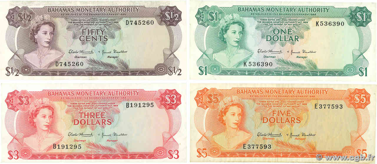 50 Cents et 1 à 5 Dollars Lot BAHAMAS  1968 P.26a au P.29a F+