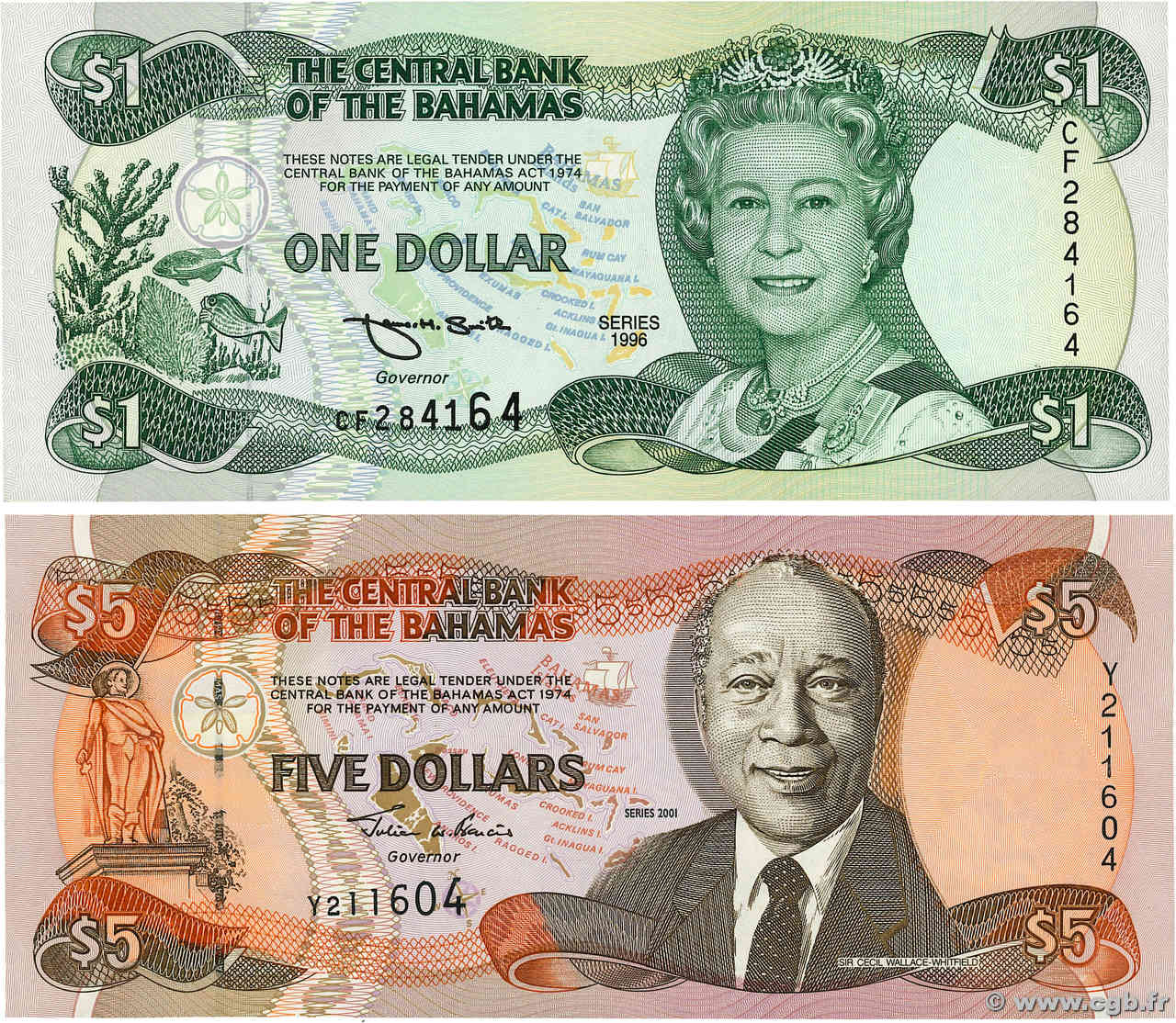 1 et 5 Dollars Lot BAHAMAS  2001 P.57a et P.63b UNC