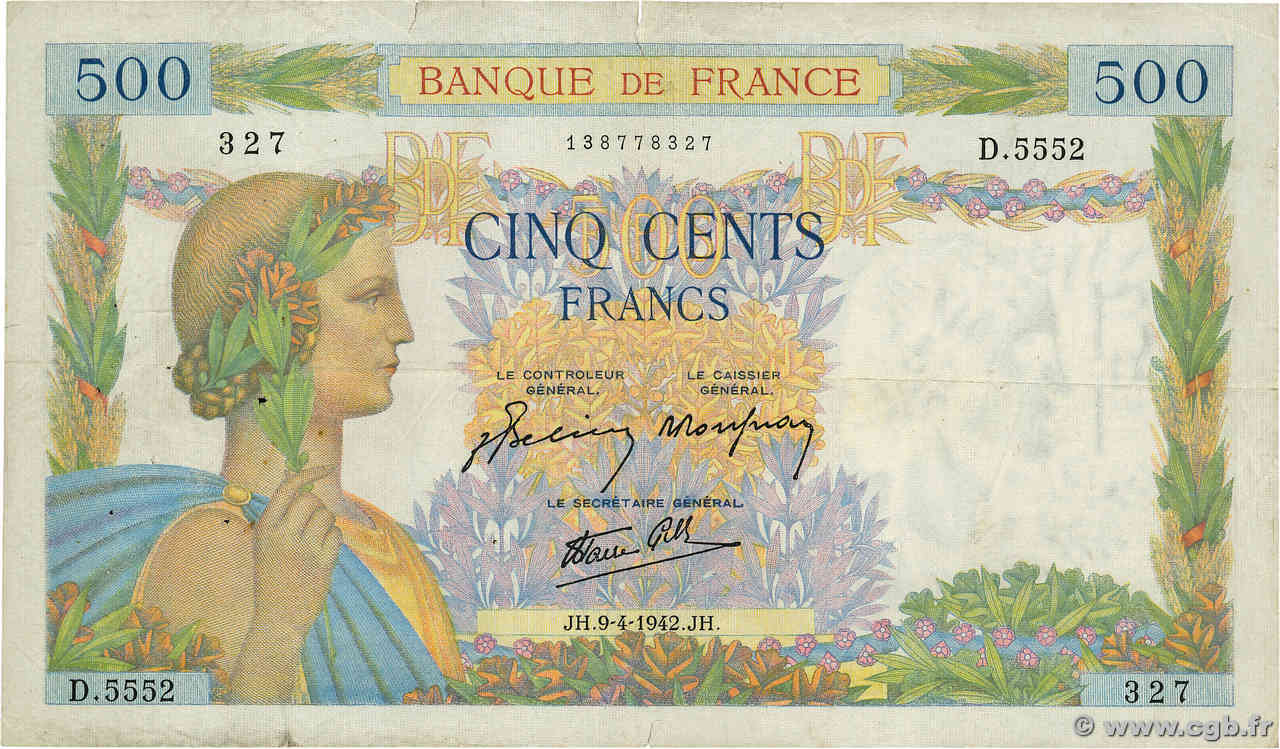 500 Francs LA PAIX FRANCE  1942 F.32.34 TB