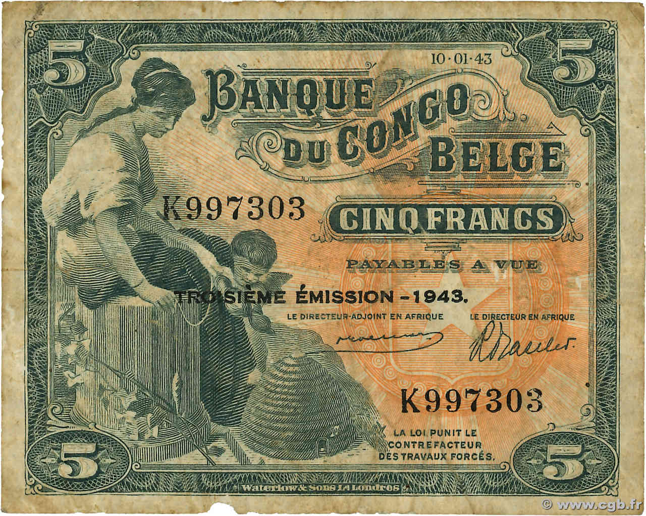 5 Francs CONGO BELGE  1943 P.13Aa B+