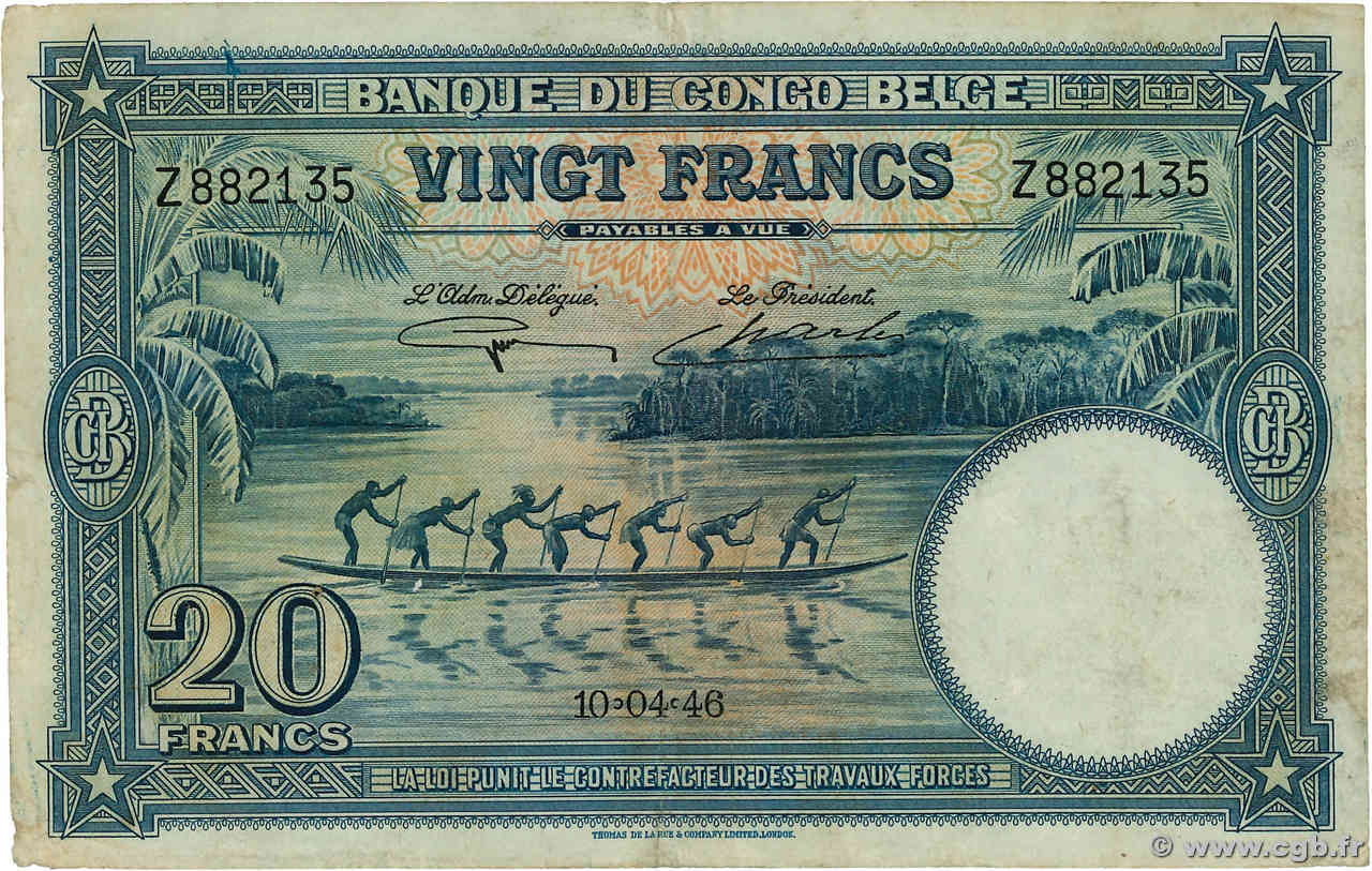 20 Francs BELGIAN CONGO  1946 P.15E F