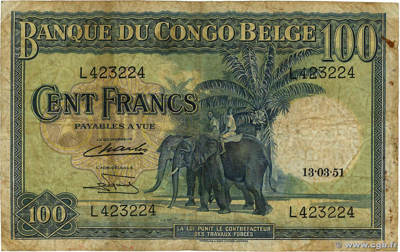 100 Francs BELGA CONGO  1951 P.17d RC+