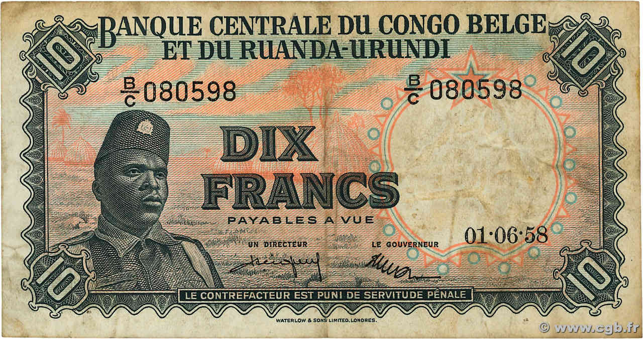 10 Francs BELGIAN CONGO  1958 P.30b F