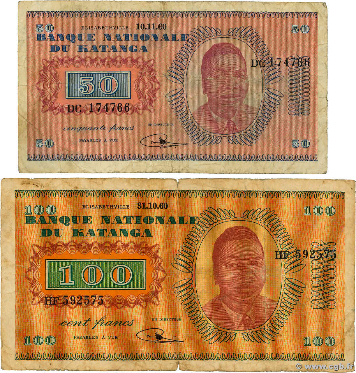 50 et 100 Francs Lot KATANGA  1960 P.07a et P.08a G