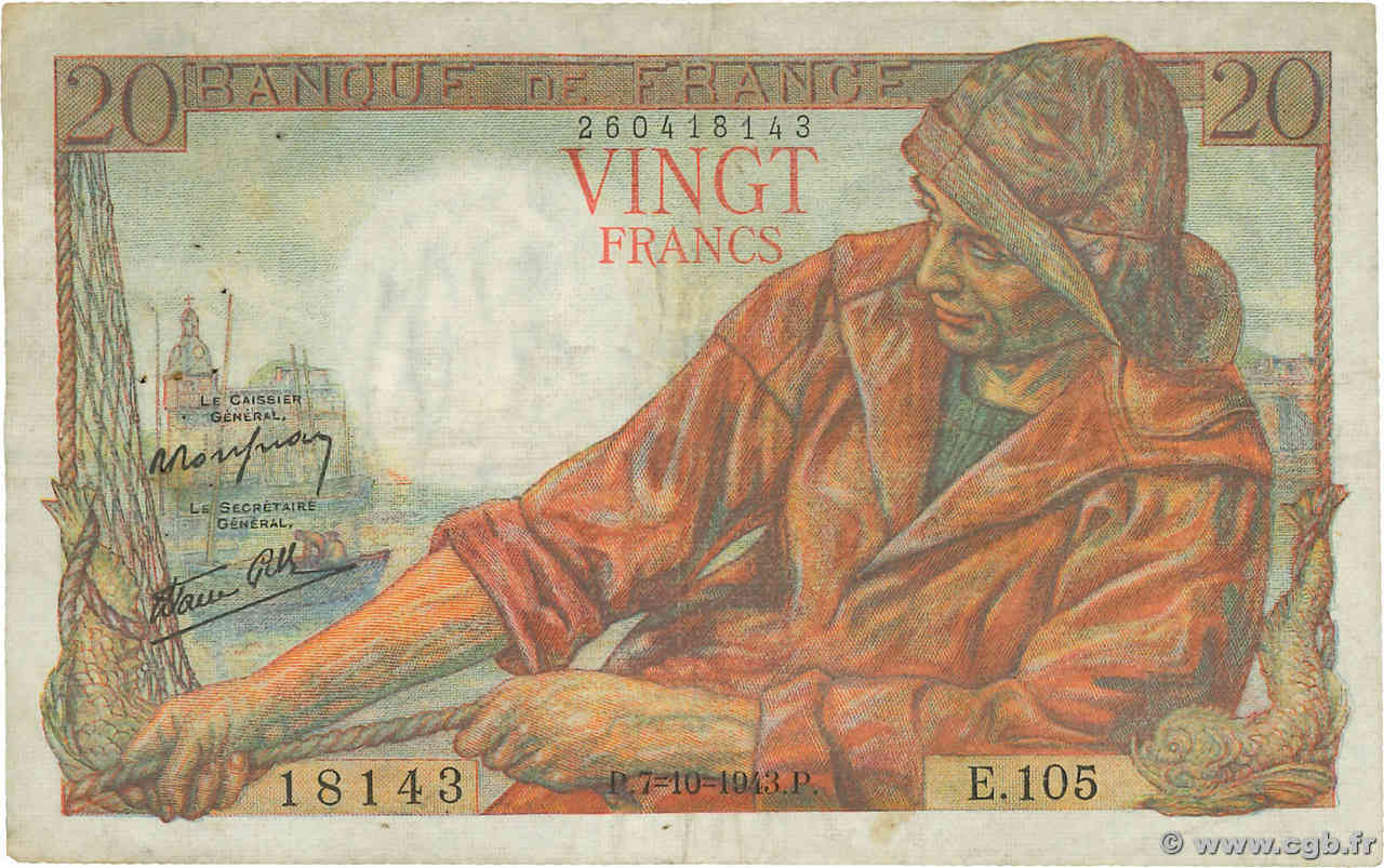 20 Francs PÊCHEUR FRANCE  1943 F.13.07 TB