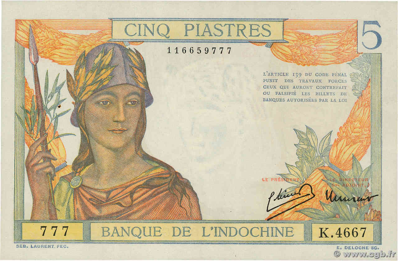 5 Piastres INDOCHINE FRANÇAISE  1946 P.055c SUP+