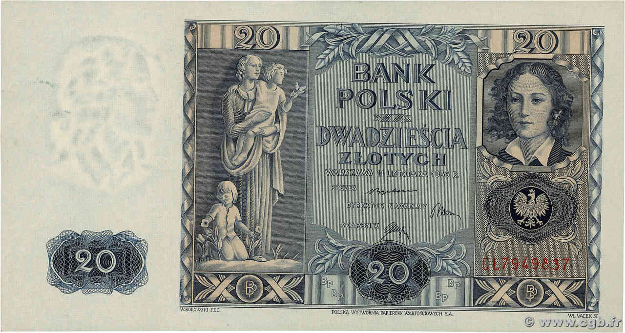 20 Zlotych POLOGNE  1936 P.077 pr.NEUF