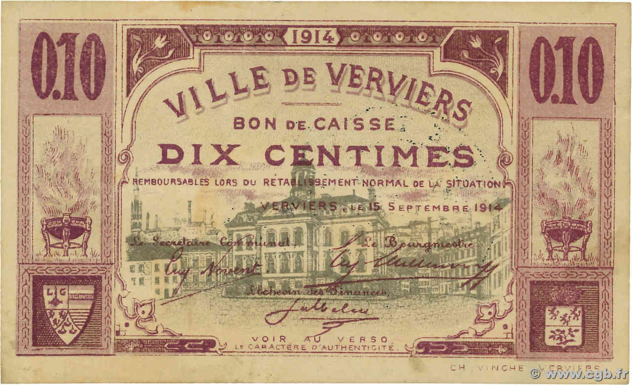 10 Centimes BELGIQUE Verviers 1914 P.-- TTB+