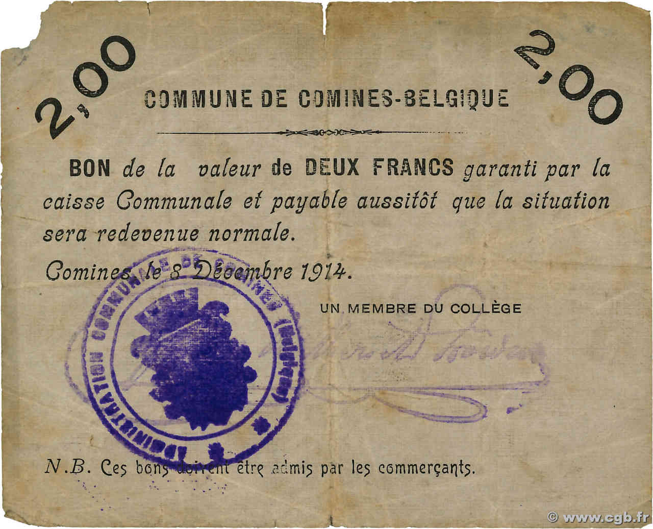 2 Francs BÉLGICA Comines 1914 P.082 BC+