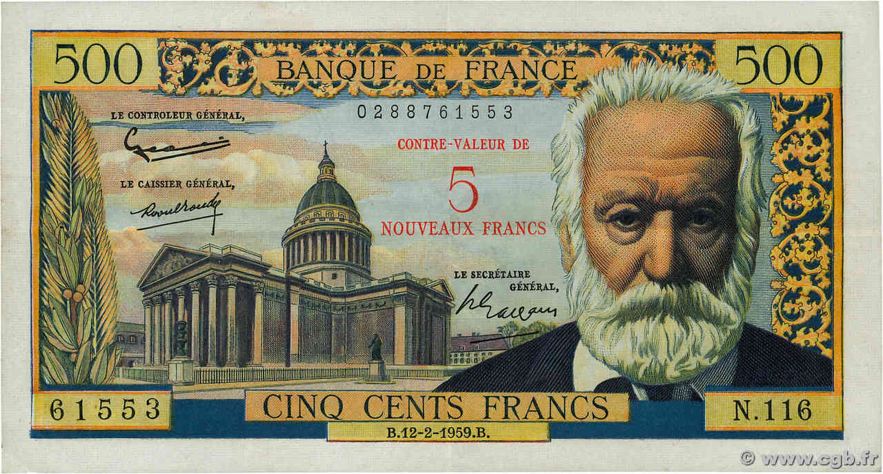 5 NF sur 500 Francs Victor HUGO FRANCIA  1959 F.52.02 MBC