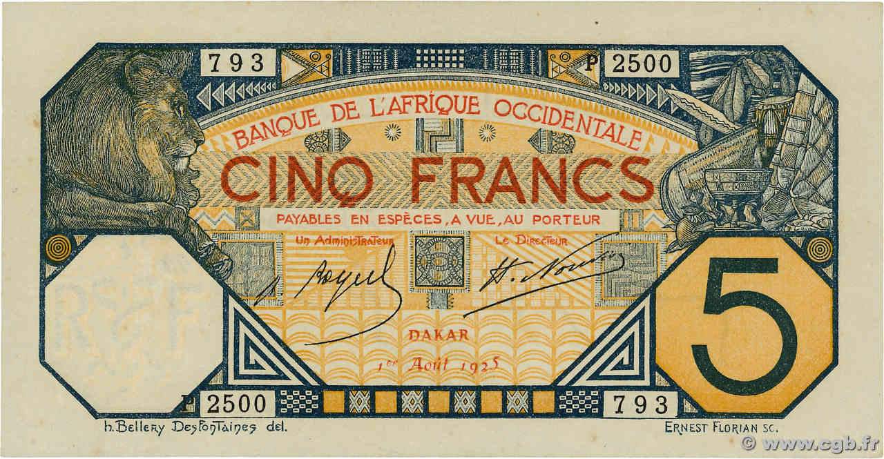 5 Francs DAKAR AFRIQUE OCCIDENTALE FRANÇAISE (1895-1958) Dakar 1925 P.05Bc pr.NEUF